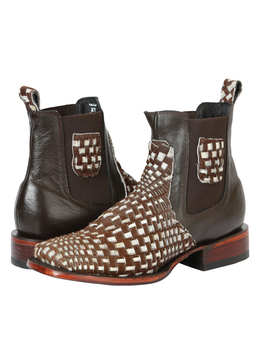 El General Men’s Rodeo Ankle Boots Woven Hair-On Leather - Brown/White 45176