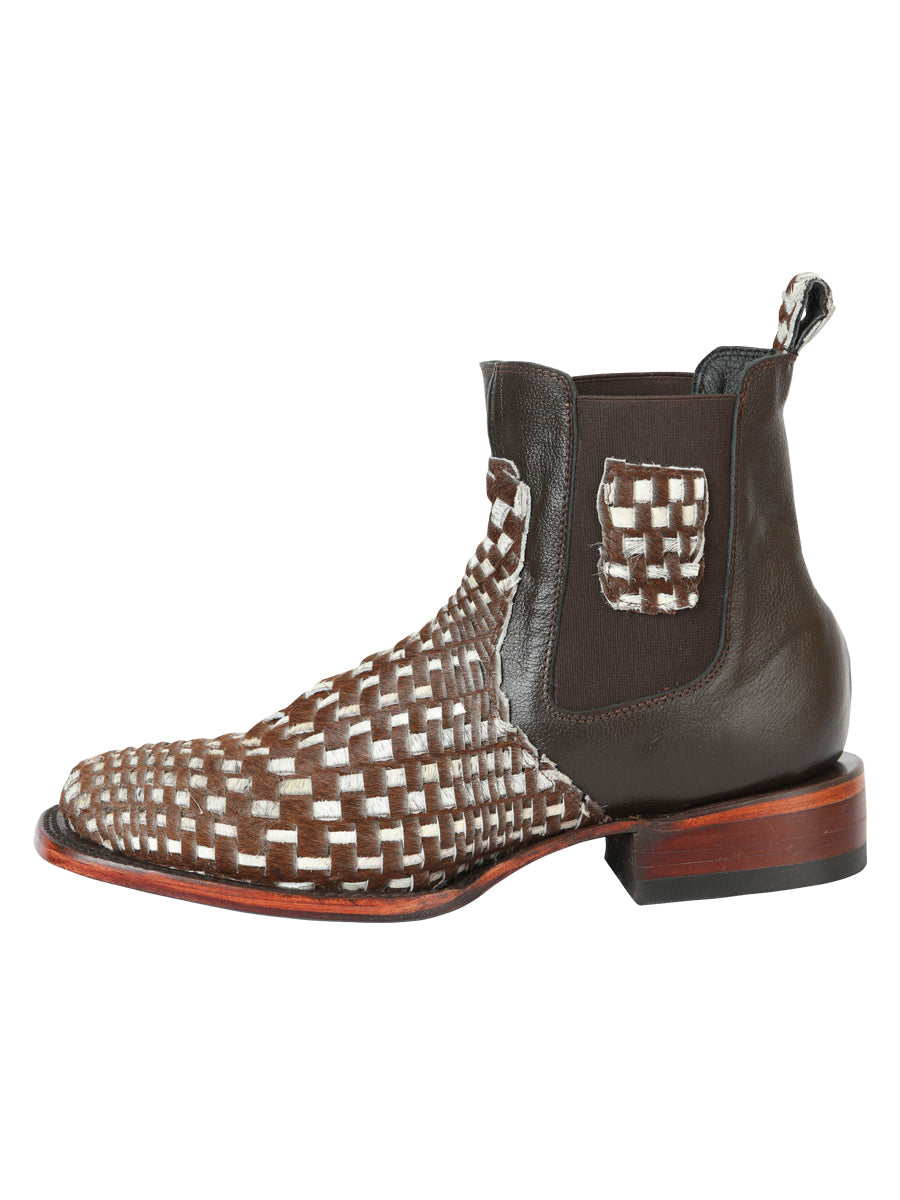 El General Men’s Rodeo Ankle Boots Woven Hair-On Leather - Brown/White 45176