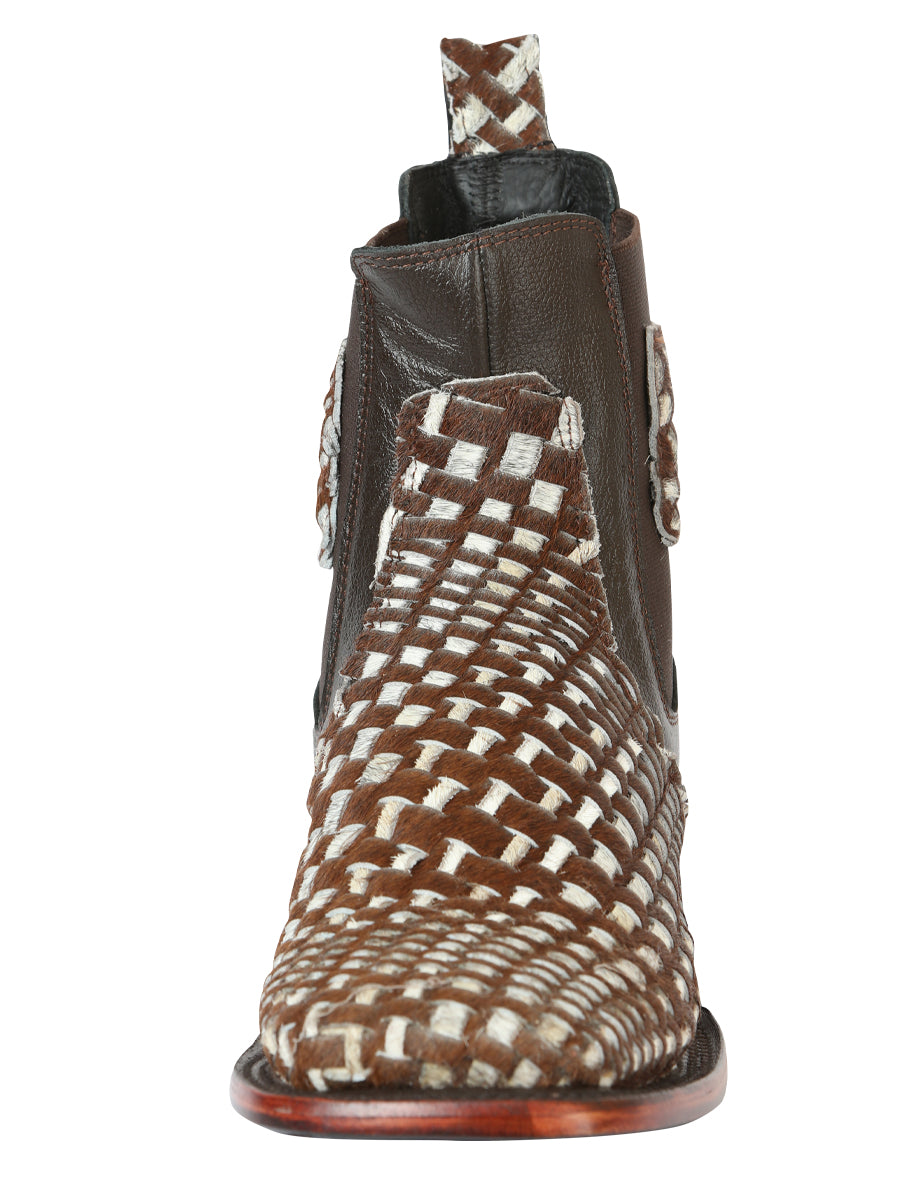 El General Men’s Rodeo Ankle Boots Woven Hair-On Leather - Brown/White 45176