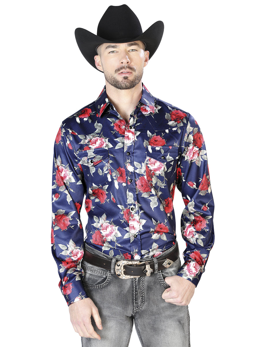 Blue Flower Print Casual Long Sleeve Shirt 43937