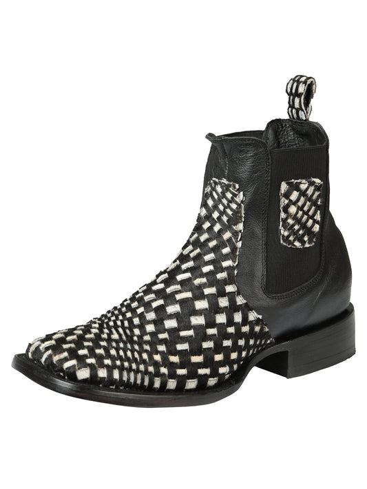 El General Men’s Rodeo Ankle Boots  Woven Hair-On Leather - Black/White 45175
