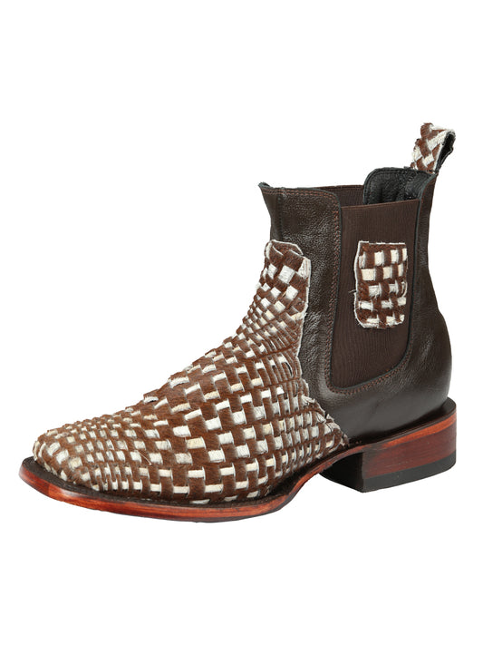 El General Men’s Rodeo Ankle Boots  Woven Hair-On Leather - Brown/White 45176