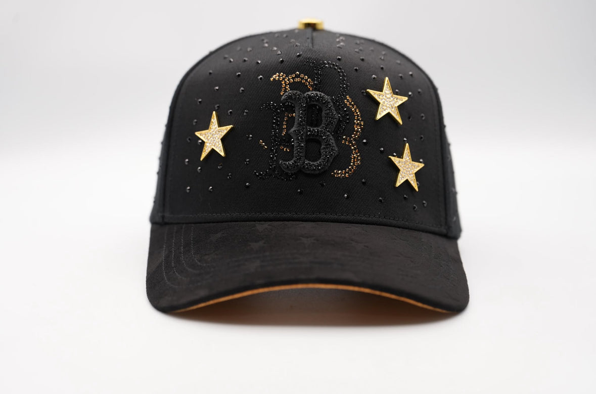 Sheep Logo Black Snapback Unisex Hat with Star Embellishments and Unique Design