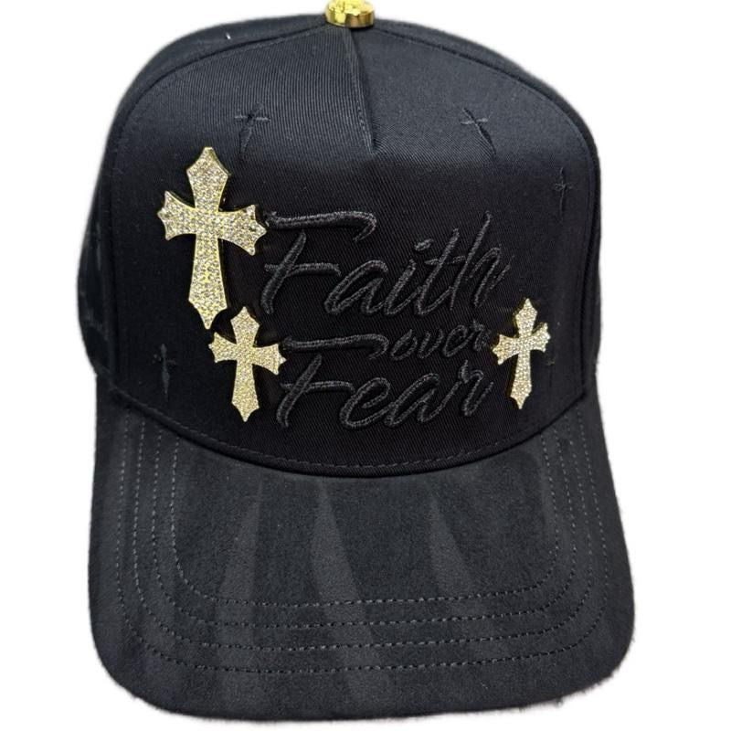 Faith Over Fear Hat La Office Black with Gold Crosses